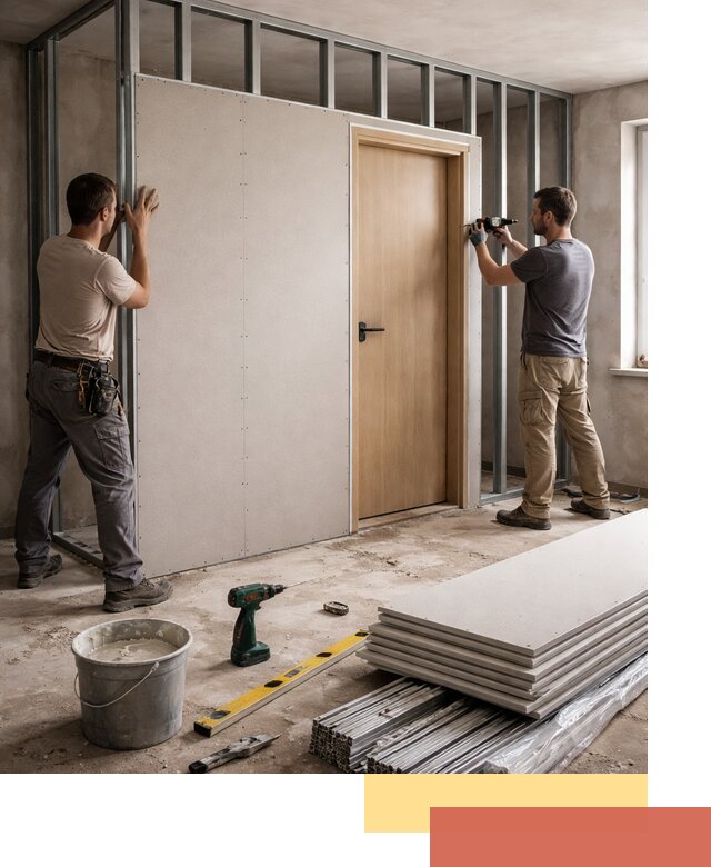 Перегородка из гипсокартона с дверью под ключ в чайковском