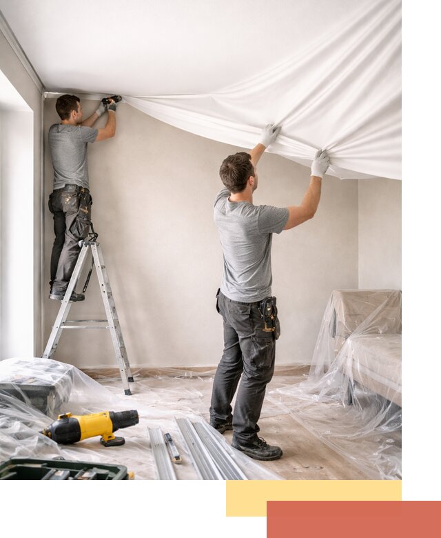 Монтаж тканевого натяжного потолка в чайковском недорого и быстро