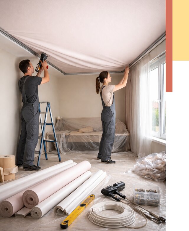 Монтаж цветного натяжного потолка в чайковском от 4251 руб/м² — быстро и недорого | ОТДЕЛОЧНИК-Чкв