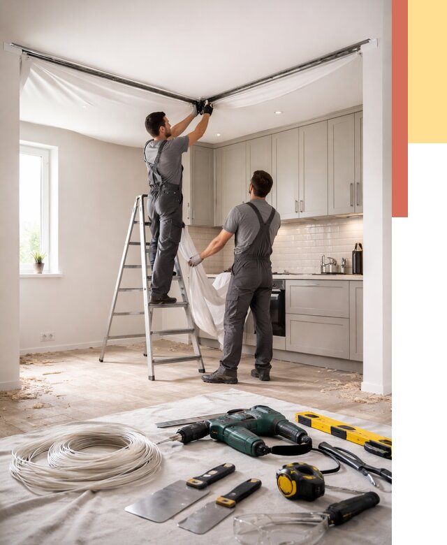 Установка натяжного потолка на кухне в чайковском от 2429 руб. | ОТДЕЛОЧНИК-Чкв