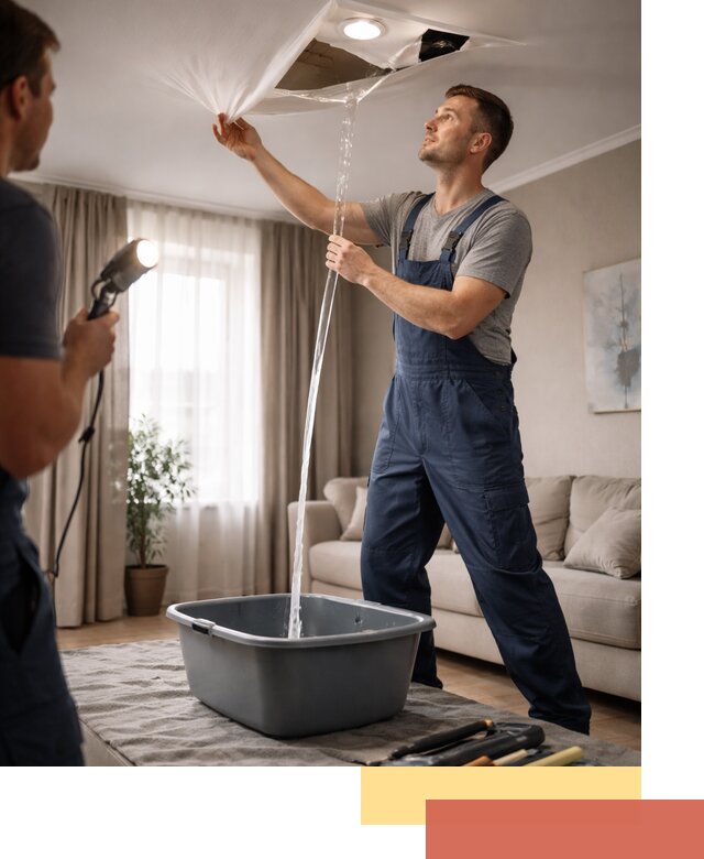 Слив воды с натяжного потолка в чайковском быстро и аккуратно